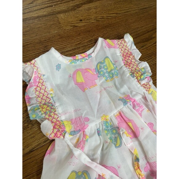 VTG 80s Her Majesty Elephant 2 Piece Pink Yellow Smocked Summer Ruffle Bloomers - Picture 4 of 14